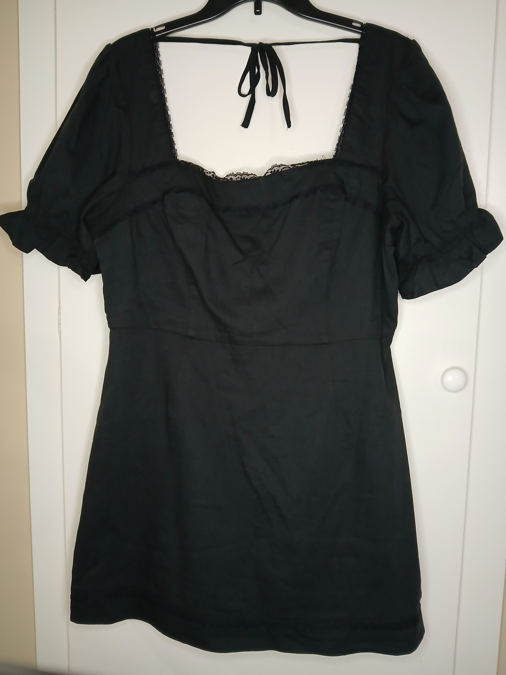 And Now This Black Puff-Sleeve Mini Dress With Lace Trim